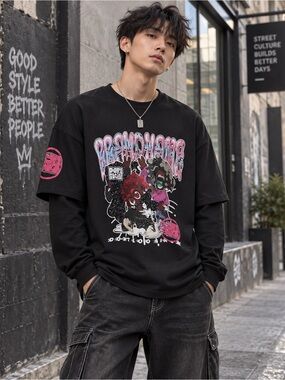 Street Life Men's Loose Fit Silver Foil Print Long Sleeve Glitter Sweatshirt